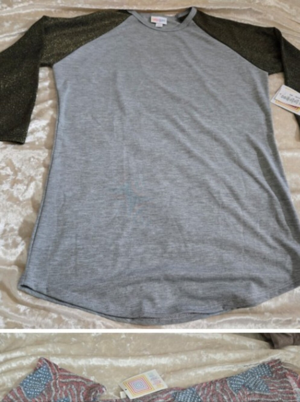 LuLaRoe Randy Raglan Tee XS Gray Black Metallic Sleeves NWT